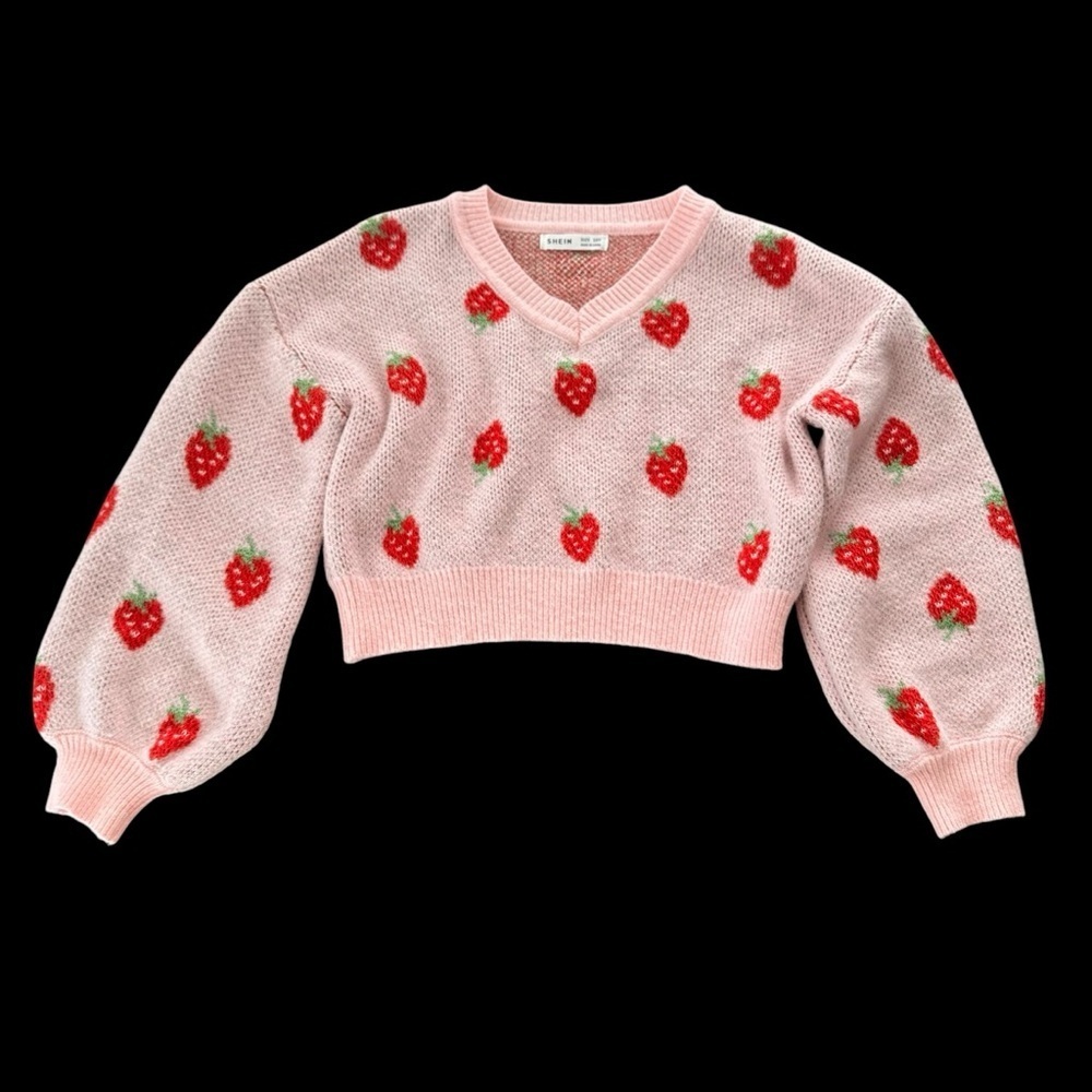 Girls size 10 Pink Cropped Strawberry V Neck Sweater Top Pullover Spring Cute